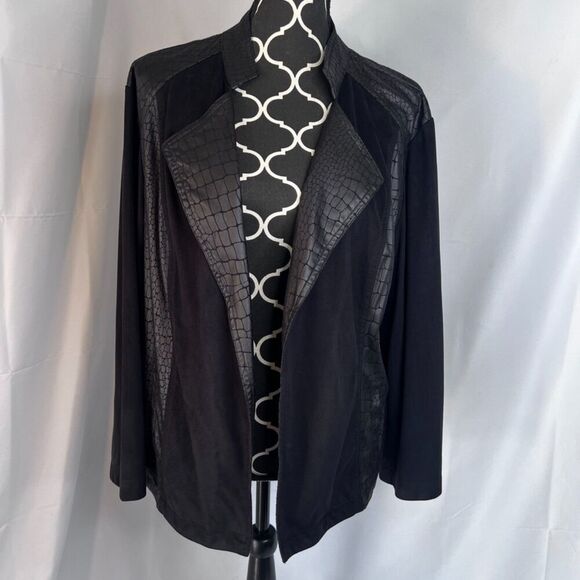 Chicos Black Faux Leather Snakeskin Velvety Open Front Jacket Cardigan Sz 3/LG - Picture 2 of 9